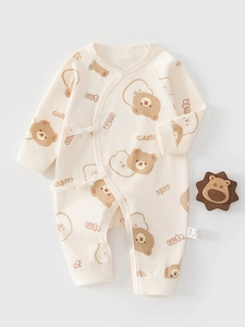 Grenouillère en Coton pour Nouveau-né Style Kimono Fermeture Latérale Manches Longues Imprimé Ours Dessin Animé Pyjama Respirant