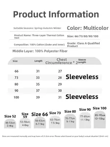 Detailed size chart for quilted cotton baby vest with height and weight recommendations