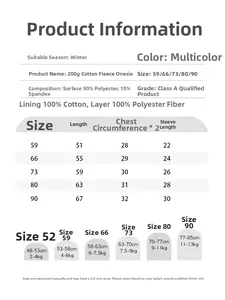 Size chart for winter baby padded romper showing fabric content and measurements