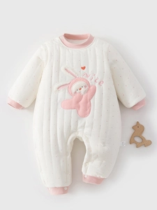 Winter Baby Girl Quilted Romper Warm Cotton Polka Dot Rabbit Pattern Long Sleeve Bodysuit Thickened Infant Outfit