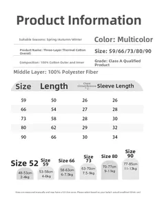 Size chart for baby padded romper with cotton fabric and measurements in centimeters