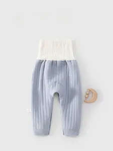 Close-up of baby high waist thermal pants in light blue with ribbed cotton texture