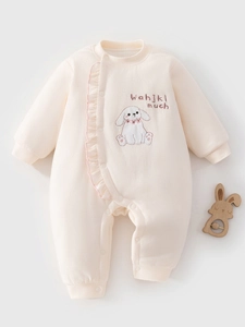 Newborn Baby Quilted Romper Thickened Cotton Padded Jumpsuit With Rabbit Embroidery Ruffle Trim Long Sleeve Climbing Suit