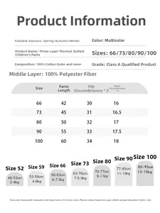 Size chart for quilted thermal baby pants showing lengths and weight recommendations