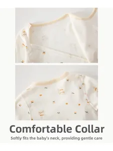 Detail of the soft cotton baby romper collar with cute floral and bear prints