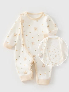 Newborn Baby Cotton Romper Side Opening Single Breasted Long Sleeve Infant Jumpsuit Cute Cartoon Printed Body Suit