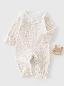 Barboteuse Florale pour Bébés Filles en Coton avec Col en Dentelle Combinaison Nouveau-né Manches Longues Vêtements