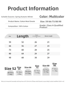 Size chart for 100% cotton baby romper with height and weight guide for newborn to 90cm
