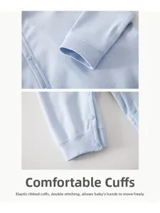 Detail of baby onesie with ribbed elastic cuffs, resin snaps, and double-line stitching
