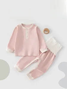 Pink rib-knit baby pajama set with high waist protection and snap closure crotch