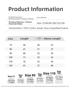 Detailed size chart for 100% cotton baby sleep sack showing measurements and ages