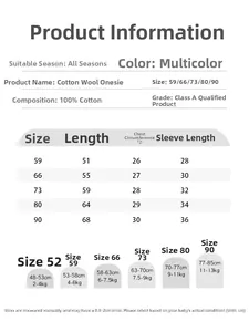 Size chart for 100% cotton baby romper showing measurements and height guidelines