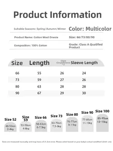 Detailed size chart for 100% cotton newborn baby rompers including length and weight guide