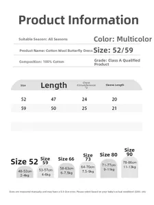 Size chart for 100% cotton baby kimono romper including measurements and age references