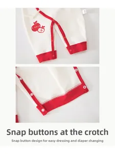Detail showing the snap button closure at the crotch of a soft cotton baby bodysuit