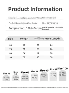 Size chart for 100% cotton baby romper showing measurements for ages 0-24 months