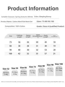 Size chart for 100% cotton baby pajamas set with detailed height and weight guide