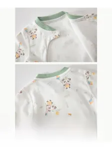 Detail of baby cotton top featuring a soft green ribbed neckline and cute panda print