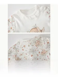 Close-up of baby cotton sleepwear neckline featuring delicate lace trim and snap buttons