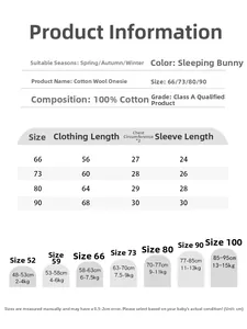 Detailed size chart for cotton baby romper featuring length and chest measurements