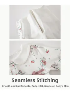 Detail of boneless stitching and snap buttons on a floral baby bodysuit