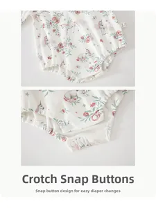 Detail of snap button crotch on cotton baby bodysuit with floral unicorn print