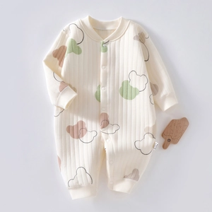 Infant Thickened Cotton Quilted Romper Long Sleeve Warm Newborn Jumpsuit Cartoon Bear Snail Print Winter Baby Bodysuit Jumper