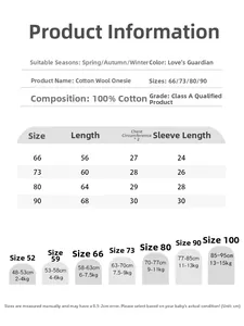 Size chart for 100% cotton baby romper showing measurements and weight guide