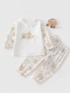 Sweet Baby Girl Pajamas Set Cotton Long Sleeve Floral Rabbit Print Sleepwear Home Suit With Lace Trim For Newborns