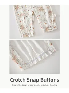 Detail of baby romper snap closure for easy diaper changes and soft cotton texture