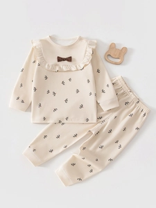 Ensemble Pyjama en Coton pour Bébé Fille Col à Volants Imprimé Oiseaux Manches Longues Tenue de Maison Automne