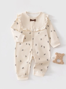 Baby Girl Pure Cotton Romper Long Sleeve Sweet Lace Collar Bird Print Jumpsuit Soft Infant Spring Autumn Clothes
