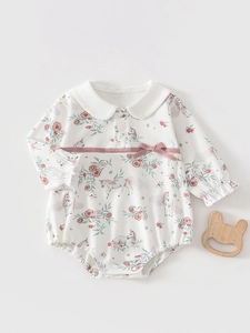 Baby Girl Long Sleeve Cotton Bodysuit Floral Unicorn Print Peter Pan Collar Bow Detail Jumpsuit For Spring Autumn Clothes