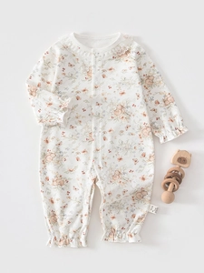 Newborn Baby Girl Cotton Romper Long Sleeve Princess Floral Rabbit Print Jumpsuit With Lace Collar Seamless Sewing Clothes