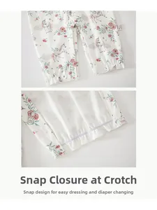 Detail view of resin snap buttons on a cotton baby romper with floral and unicorn print