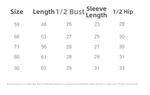 Detailed size chart for baby quilted rompers showing length, chest, and sleeve measurements