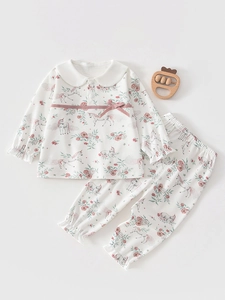 Baby Girls 100% Cotton Long Sleeve Pajama Set Unicorn Floral Print Sweet Peter Pan Collar Top And Pants 2 Piece Outfit