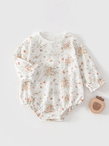 Barboteuse à Manches Longues pour Bébé Fille Imprimé Floral Lapin Body en Coton avec Col en Dentelle Vêtements de Princesse