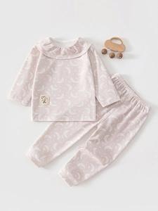 Soft Cotton Baby Girl Loungewear Long Sleeve Ruffle Collar Top And Pants Moon Star Print Toddler Infant Home Wear