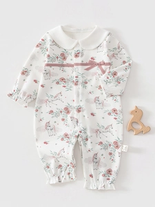 Baby Girl Cotton Long Sleeve Romper Unicorn Rose Floral Printed Jumpsuit Peter Pan Collar Bow Princess Soft Outing Clothing