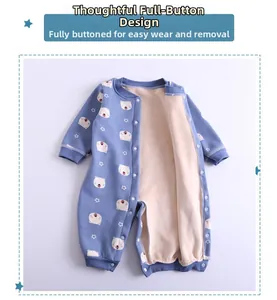 Detail view of baby romper featuring thick fleece lining and snap-button closure design