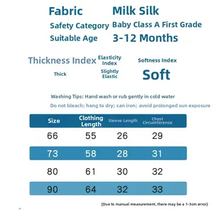 Size chart for thick warm baby romper with detailed measurements and care instructions
