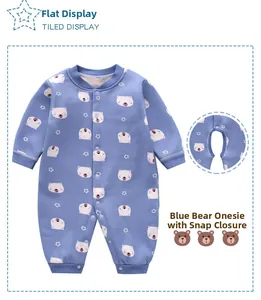 Detail of blue infant romper with bear print and snap buttons for easy diaper changes