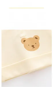 Macro detail of soft combed cotton infant hat with cute bear print and rolled edge