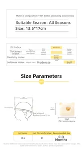 Size chart for 100% cotton newborn baby hat with dimensions and material details