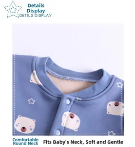 Detail of baby winter romper showing ribbed round neck and warm fleece lining with bear print