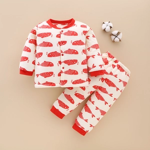 Quilted cotton baby thermal pajamas set with red fish print and ribbed cuffs for autumn winter