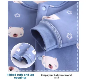 Close-up of elastic ribbed cuffs on a warm blue infant jumpsuit with polar bear prints