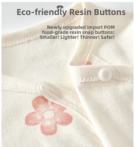 Detail of baby cotton bodysuit featuring safe food-grade resin snap buttons and floral print