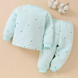 Thick cotton baby thermal clothing set in mint green with small heart patterns